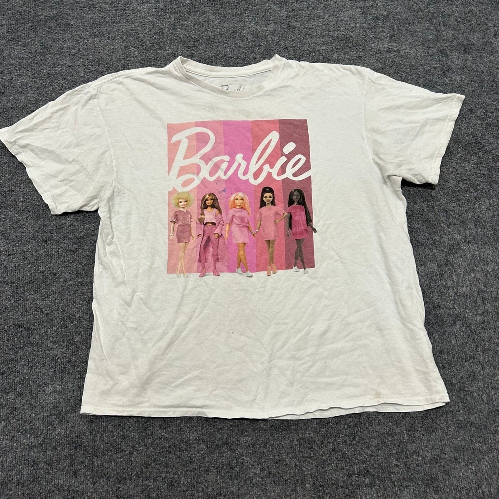 Barbie T-Shirt Womens Size XL White Pink Graphic Print Cotton Short Sleeve Tee